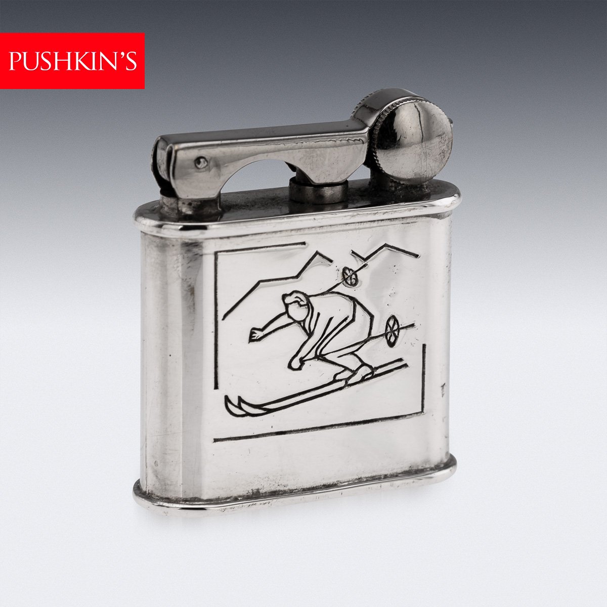 PUSHKINS.COM - J9836 - 20thC FRENCH CHROME PLATED NOVELTY 'SKIIER' LIGHTER BY ARTHUS BERTRAND c.1950 - 02.jpg