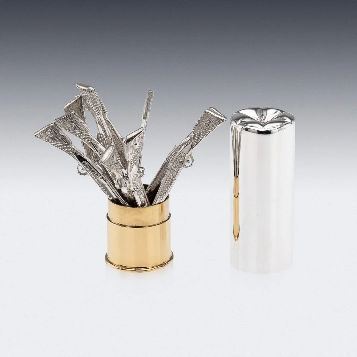 PUSHKINS.COM - C11441 - 21stC ENGLISH NOVELTY SET OF 10 SHOTGUN SHAPED SOLID SILVER BUTT MARKERS IN CASE - 08.jpg