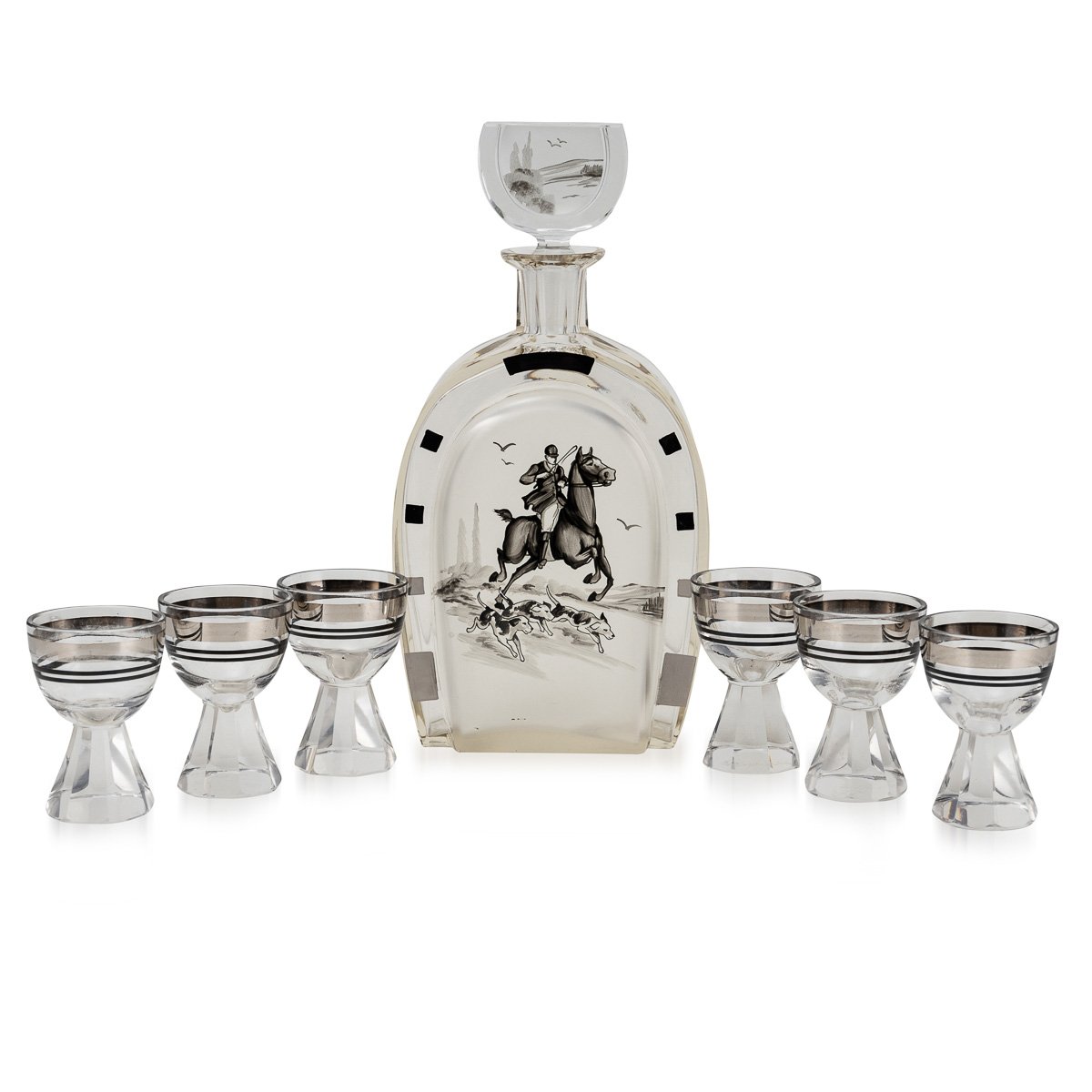 PUSHKINS.COM - D11169 - STYLISH 20thC ETCHED GLASS HORSESHOE SHAPE DECANTER & SIX GLASSES c.1950 - 04.jpg