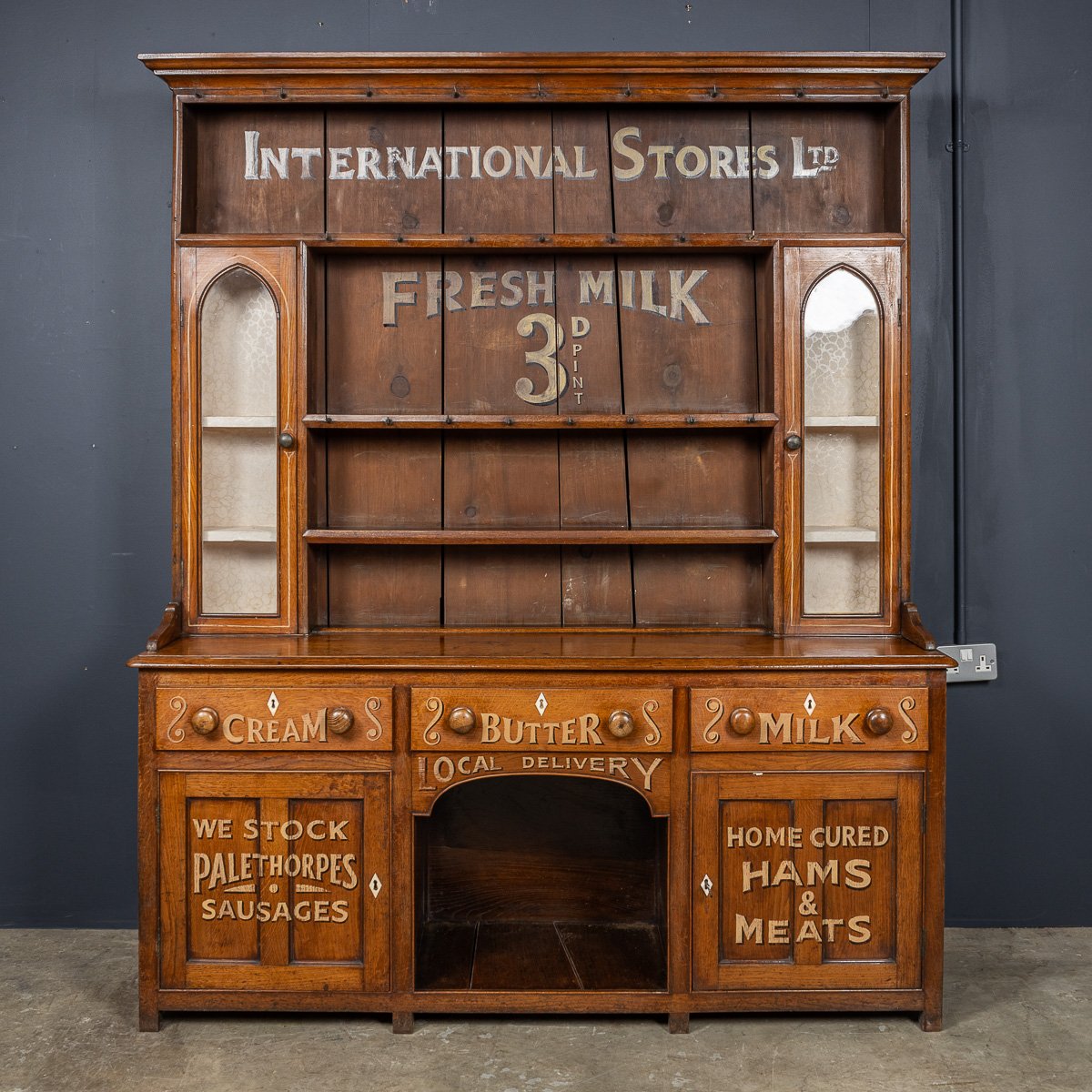 PUSHKINS.COM - D11137 - ANTIQUE 19thC VICTORIAN SOLID OAK & GLASS DRESSER, LATER PAINTED c.1880 - 03.jpg