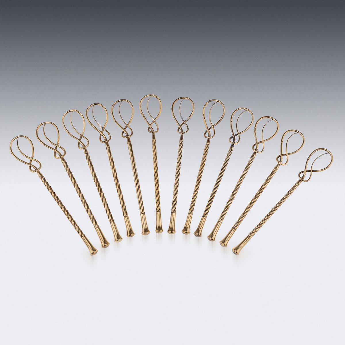 PUSHKINS.COM - J11258 - VINTAGE 20thC SET OF 12 HERMÈS GILT SOLID SILVER GILT CHAMPAGNE STIRRERS, FRANCE - 10.jpg