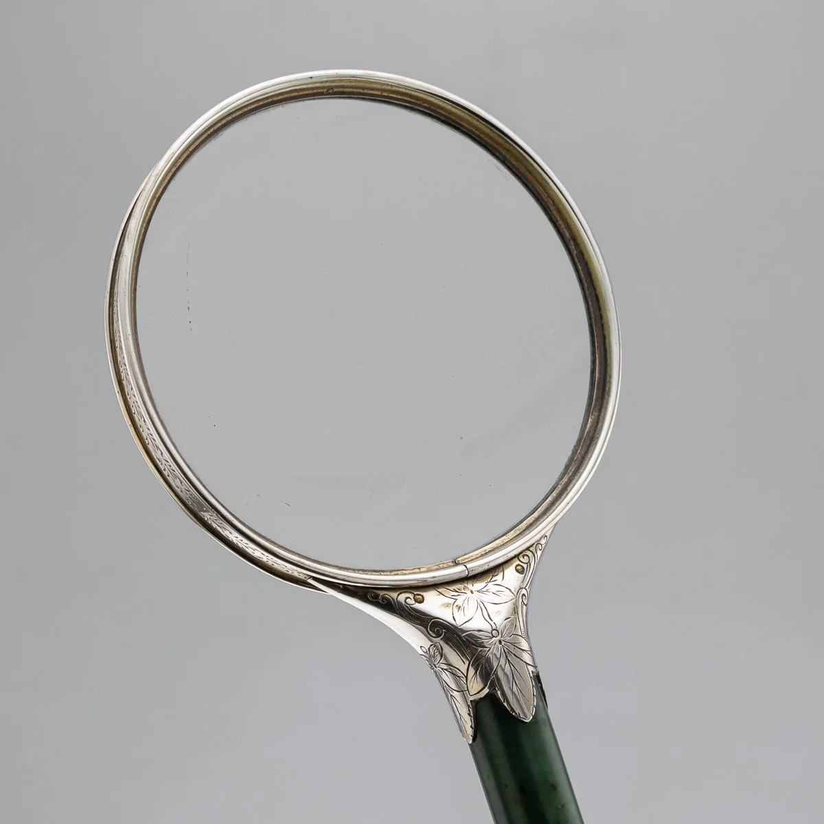 PUSHKINS.COM - A00127 - ANTIQUE 19thC ORIENTAL STYLE SOLID SILVER & SPINACH JADE MAGNIFYING GLASS c.1880 - 07.jpg
