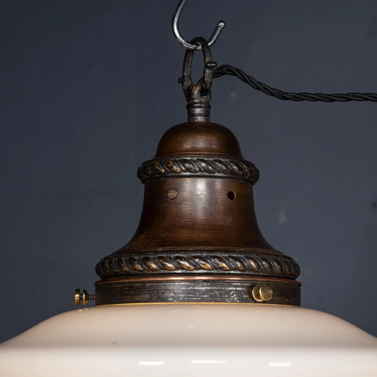 PUSHKINS.COM - D11372 - VINTAGE 20thC SET OF SIX WHITE OPAQUE GLASS & COPPER PENDANT LIGHTS c.1930 - 08.jpg