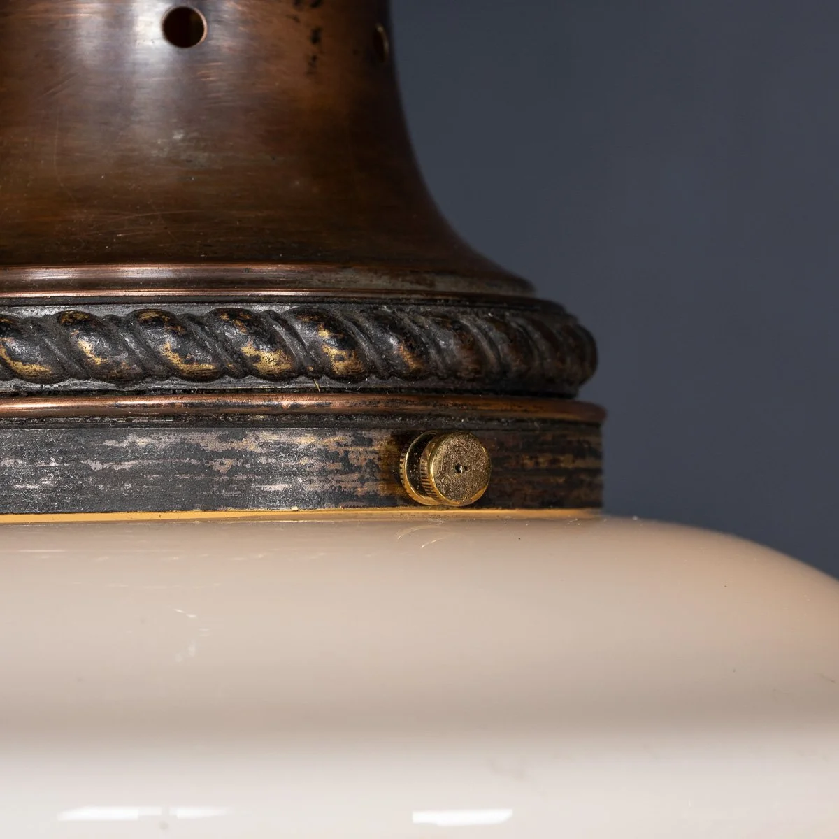 PUSHKINS.COM - D11372 - VINTAGE 20thC SET OF SIX WHITE OPAQUE GLASS & COPPER PENDANT LIGHTS c.1930 - 06.jpg