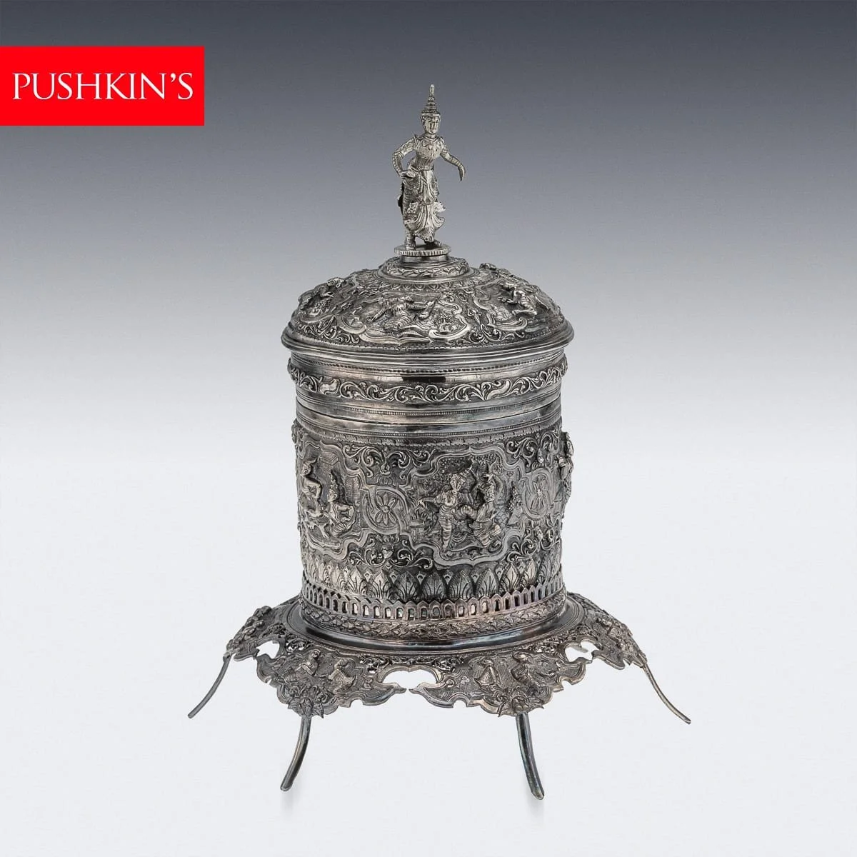 PUSHKINS.COM - C12318 - ANTIQUE 19thC BURMESE SOLID SILVER BETEL BOX ON STAND, RANGOON c.1890 - 02.jpg