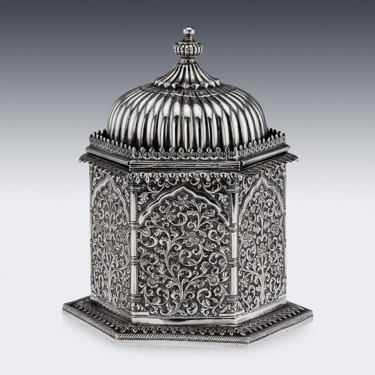 PUSHKINS.COM - ANTIQUE 19thC INDIAN KUTCH SOLID SILVER TEMPLE SHAPED TEA CADDY c.1880 - 1193.jpg