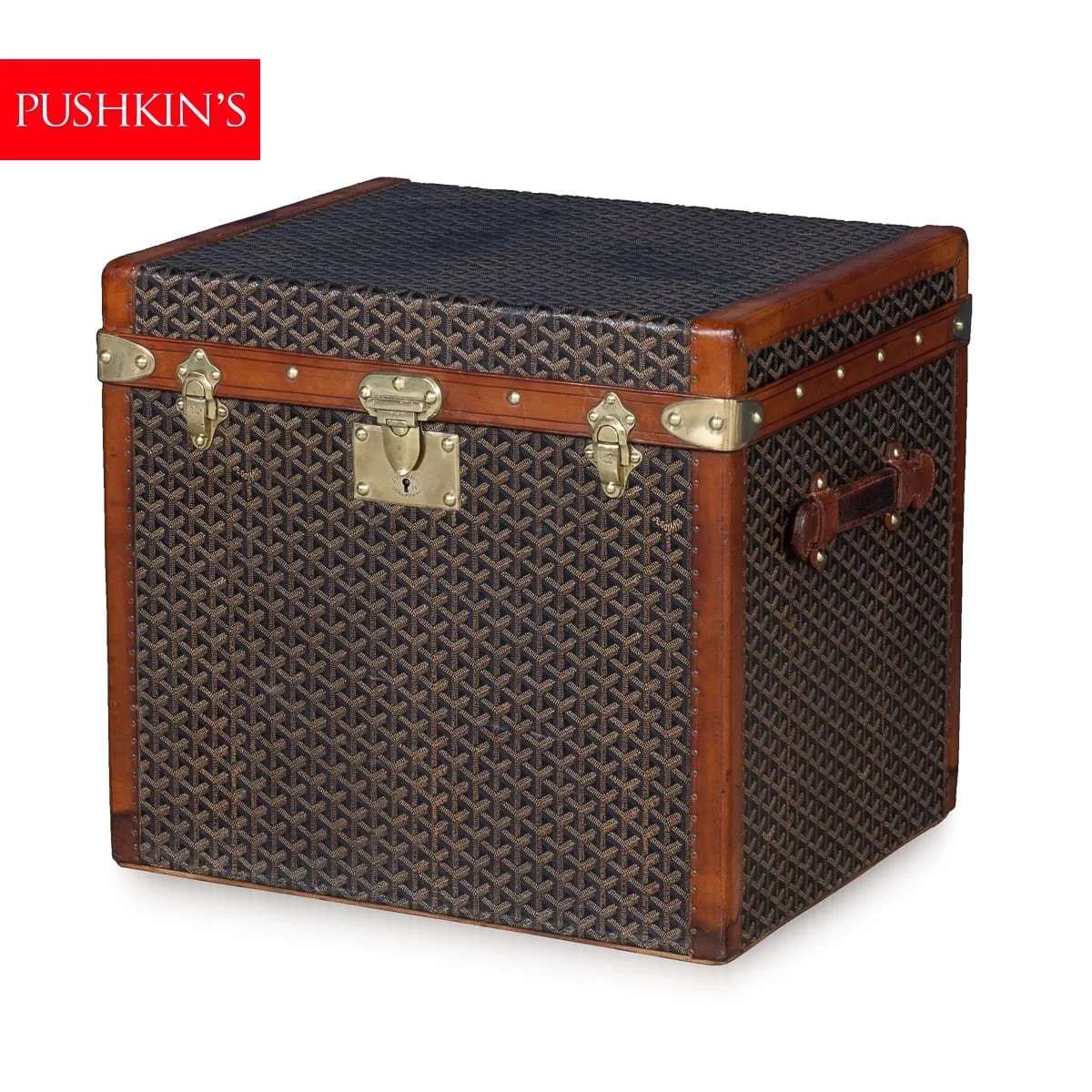 PUSHKINS.COM - B12018d - ANTIQUE 20thC FRENCH HAT TRUNK IN CHEVRON CANVAS BY GOYARD, PARIS c.1900 - 02.jpg