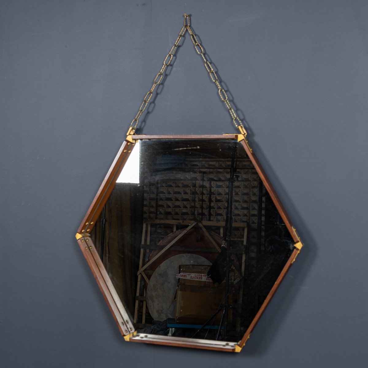 PUSHKINS.COM - D11131 - 20thC ITALIAN BRASS & WOOD HEXAGONAL MIRROR c.1960 - 04.jpg