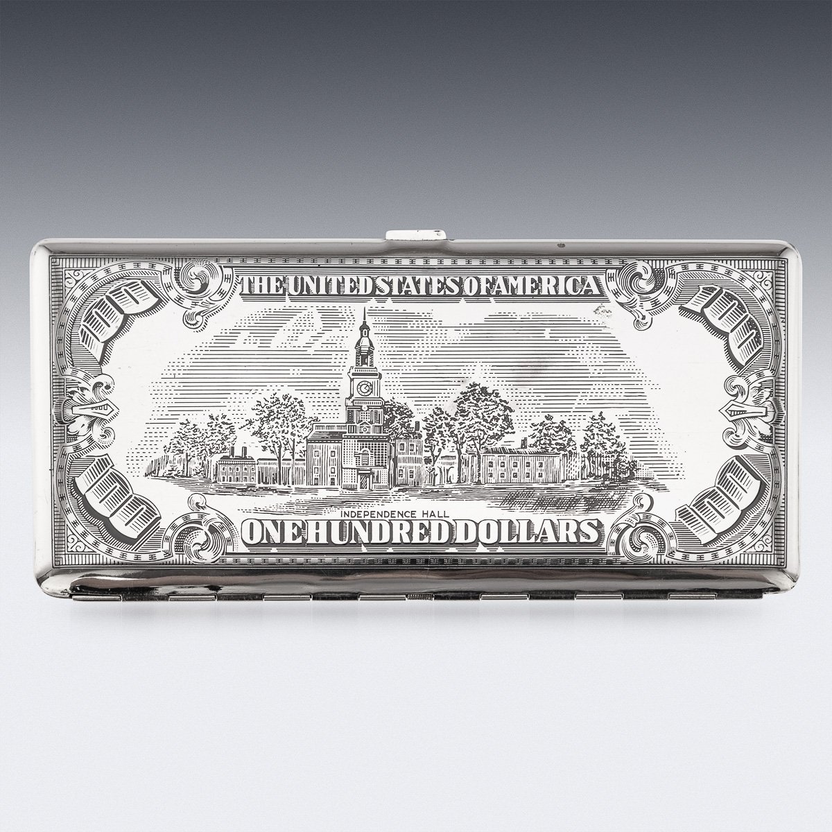 PUSHKINS.COM - J11197 - 20thC AMERICAN SILVER-PLATED CIGARETTE CASE & LIGHTER SHAPED AS A HUNDRED DOLLAR BILL - 06.jpg