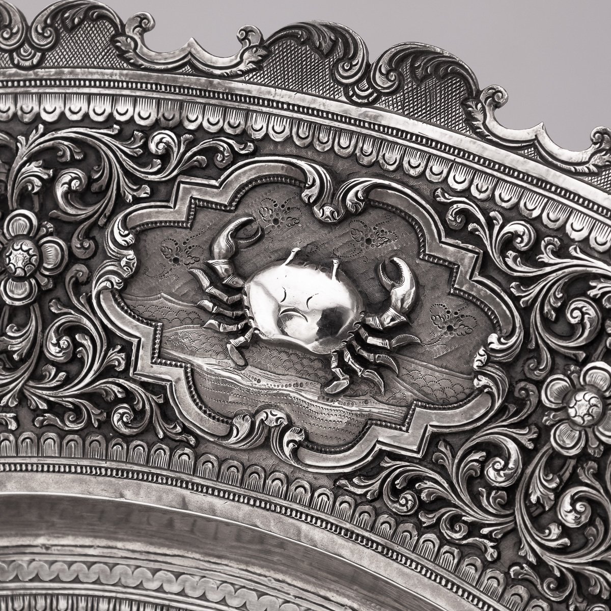 PUSHKINS.COM - A00021 - ANTIQUE 20thC BURMESE SOLID SILVER MYTHOLOGICAL ZODIAC REPOUSSÉ SALVER c.1900 - 20.jpg