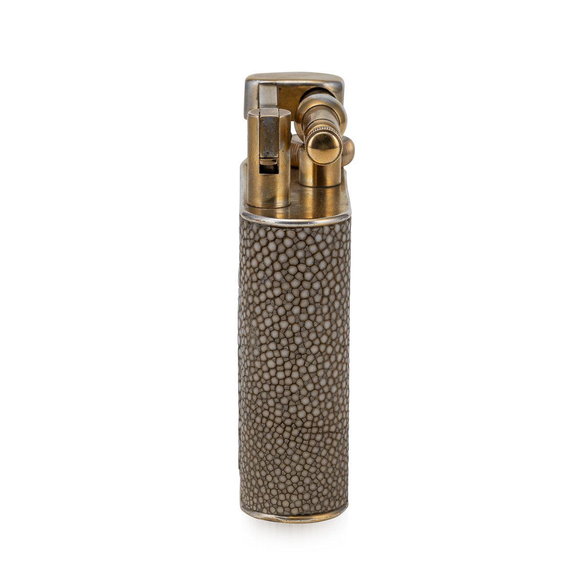 PUSHKINS.COM - D11365 - 20thC SHAGREEN & GOLD ENGINE TURNED PANELLED DUNHILL TABLE LIGHTER c.1950 - 05.jpg