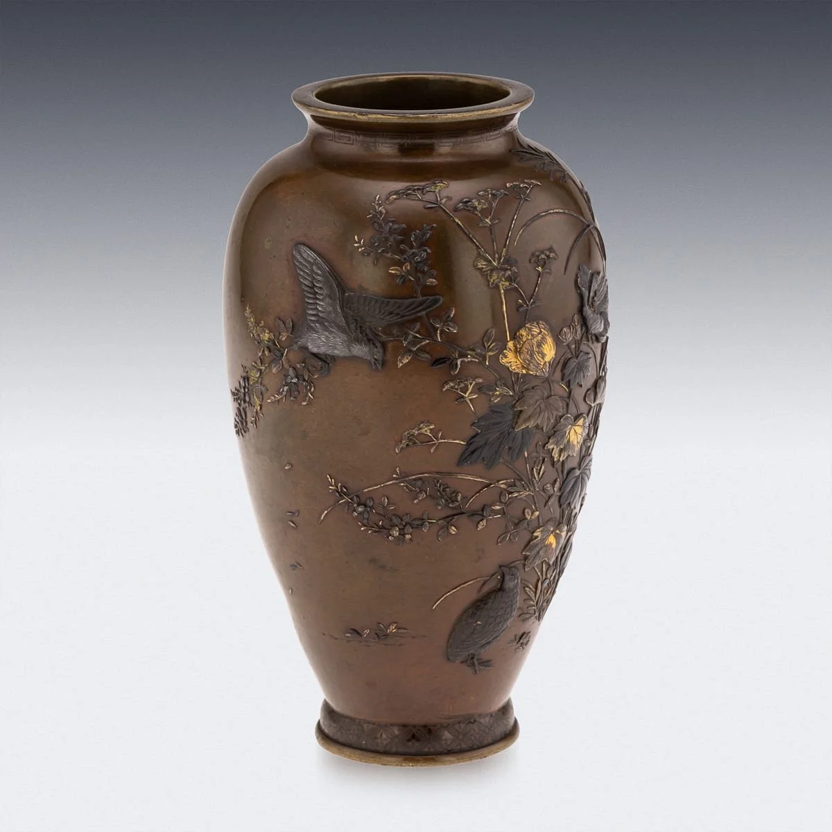 PUSHKINS.COM - G11935 - ANTIQUE 19thC JAPANESE MEIJI PERIOD MITSUNORIAN INLAID BRONZE OVOID VASE - 07.jpg