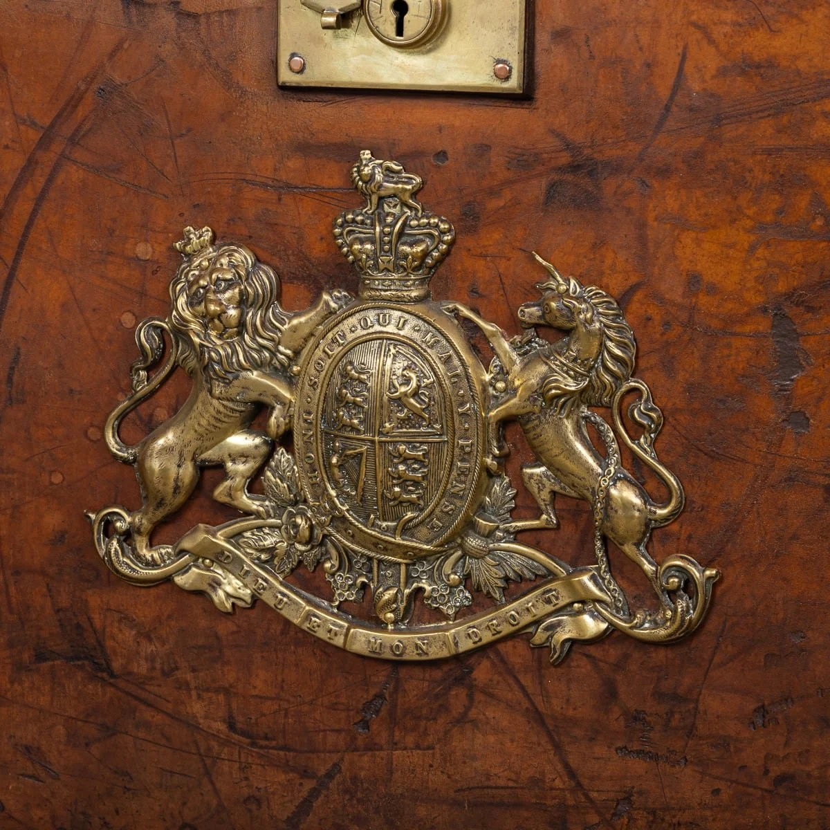 PUSHKIN'S - ANTIQUE 19thC VICTORIAN LEATHER TRUNK WITH BRASS CREST c.1890 - 17.jpg