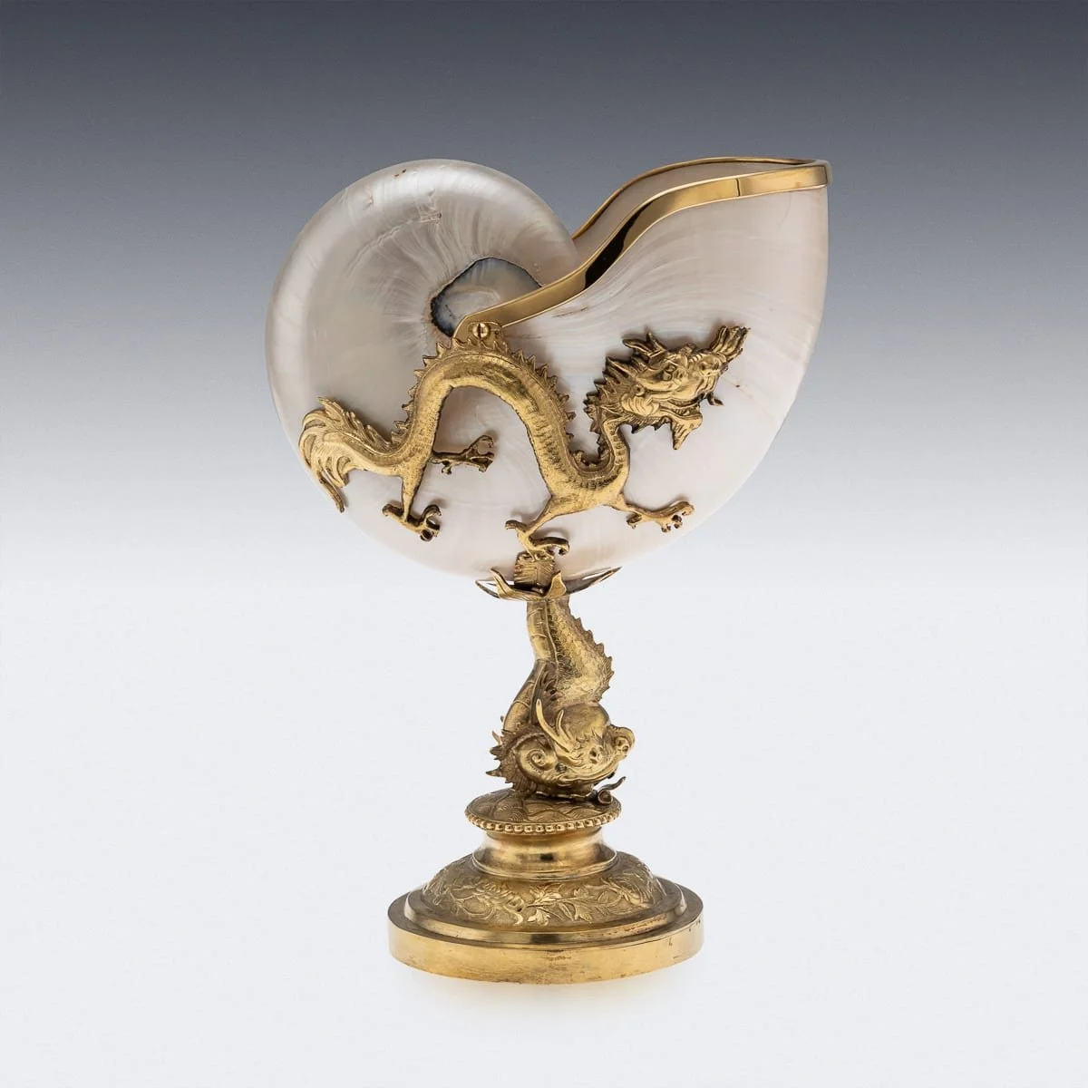 PUSHKINS.COM - J11904 - ANTIQUE 19thC CHINESE GILT SOLID SILVER MOUNTED NAUTILUS SHELL CENTREPIECE - 07.jpg