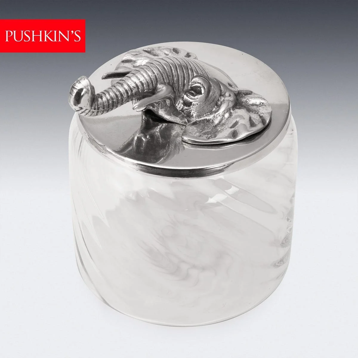 PUSHKINS.COM - Z12145 - VINTAGE 20thC ITALIAN SILVER PLATED ELEPHANT MOUNTED GLASS JAR c.1960 - 02.jpg