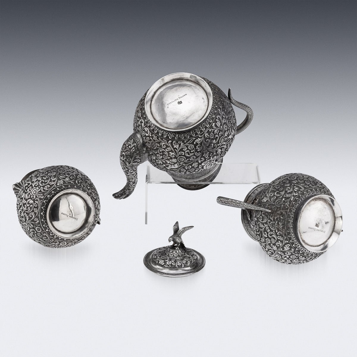 PUSHKINS.COM - ANTIQUE 19thC INDIAN CUTCH SOLID SILVER THREE PIECE TEA SET, V KISHORE c.1890 - 5.jpg