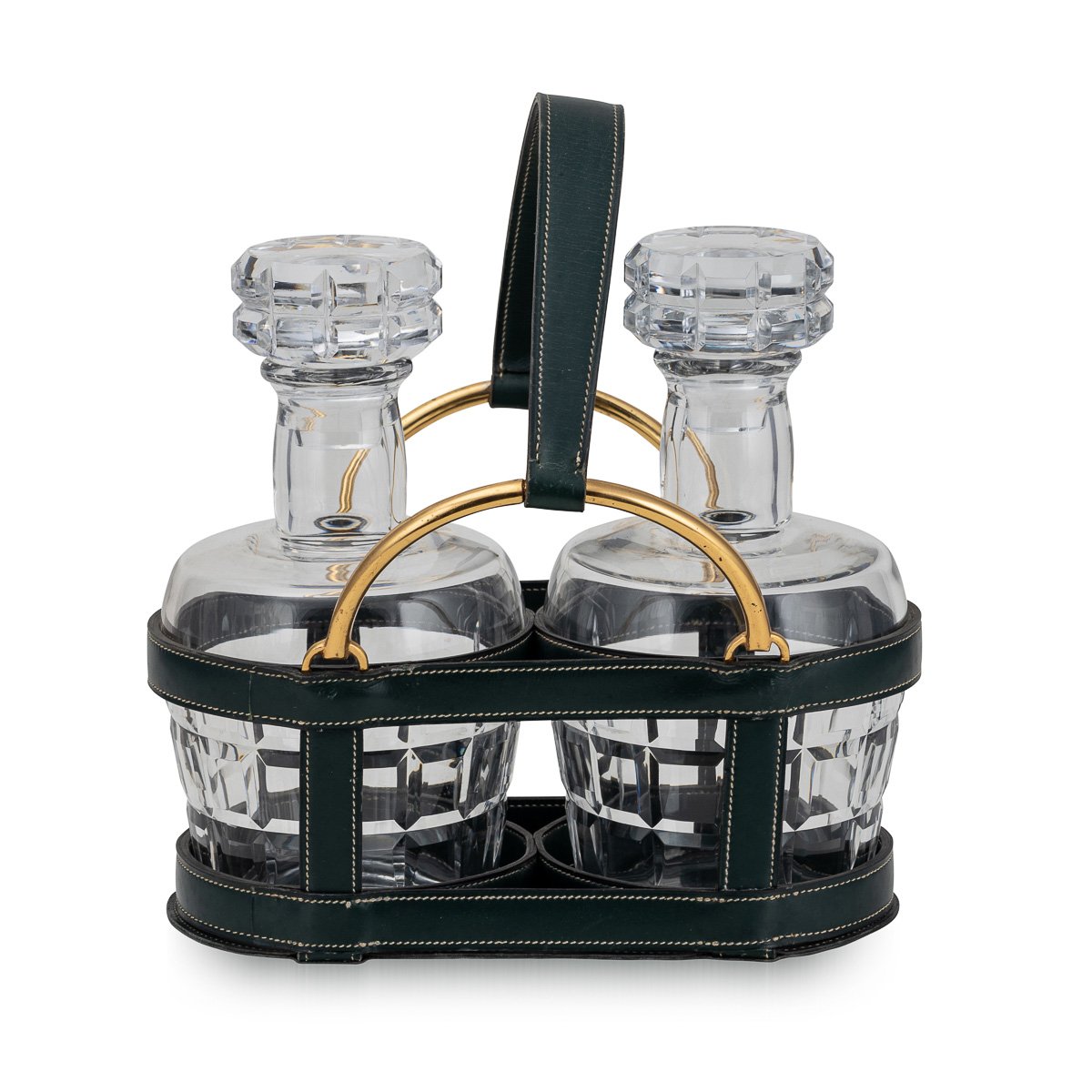 PUSHKINS.COM - D11154 - 20thC FRENCH PAIR OF BACCARAT DECANTERS & HERMES LEATHER BASKET BY JACQUES ADNET - 04.jpg