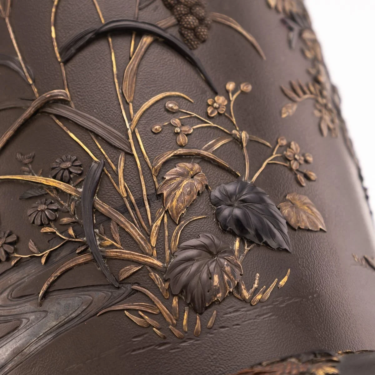 PUSHKINS.COM - G11934 - ANTIQUE 19thC JAPANESE MEIJI PERIOD PAIR OF INLAID BRONZE CYLINDRICAL BRUSHPOTS - 21.jpg