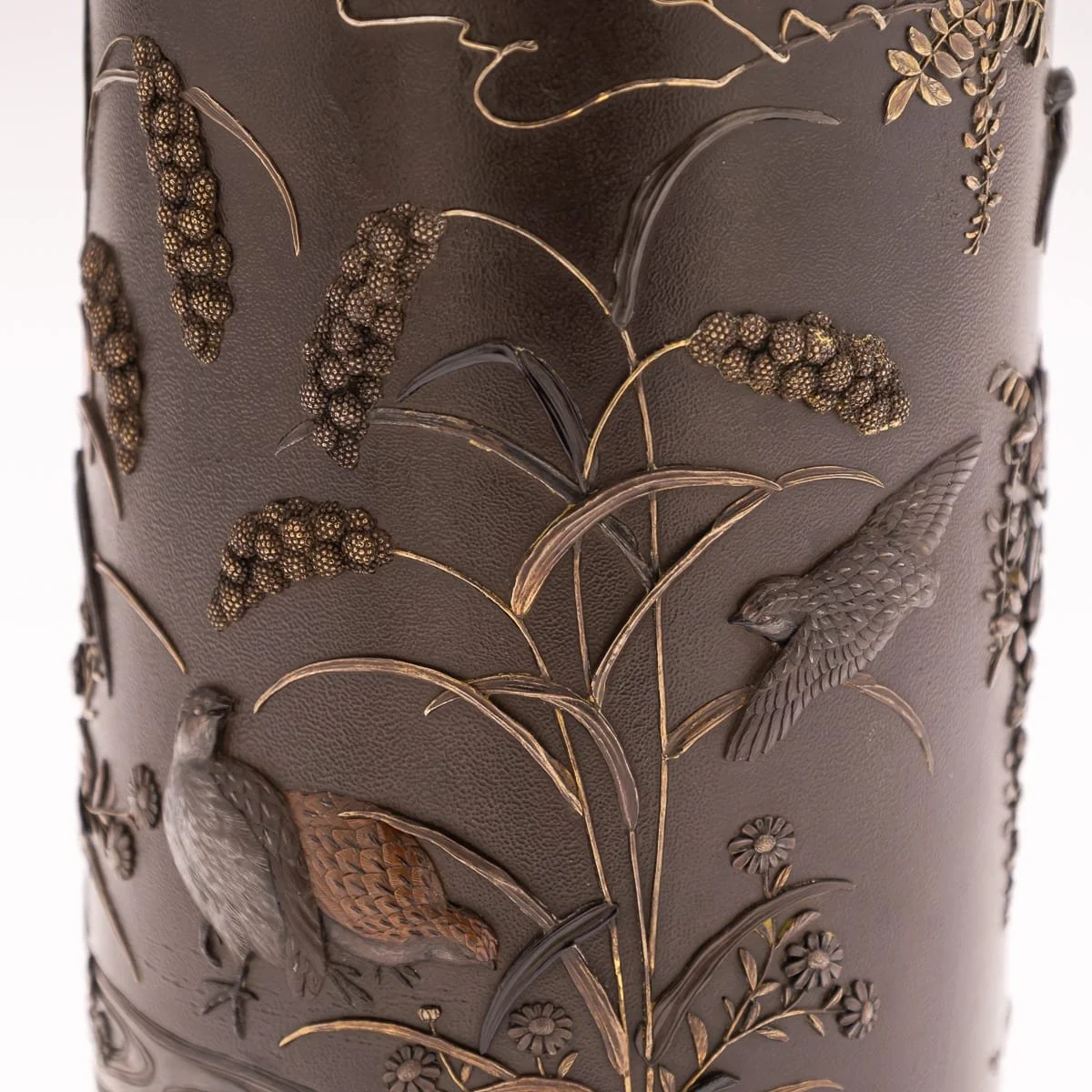 PUSHKINS.COM - G11934 - ANTIQUE 19thC JAPANESE MEIJI PERIOD PAIR OF INLAID BRONZE CYLINDRICAL BRUSHPOTS - 40.jpg