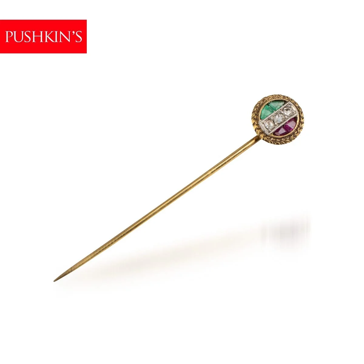 PUSHKINS.COM - J9855 - VINTAGE 20thC 18K GOLD, RUBY, DIAMOND & EMERALD TIE PIN c.1930 - 2.jpg