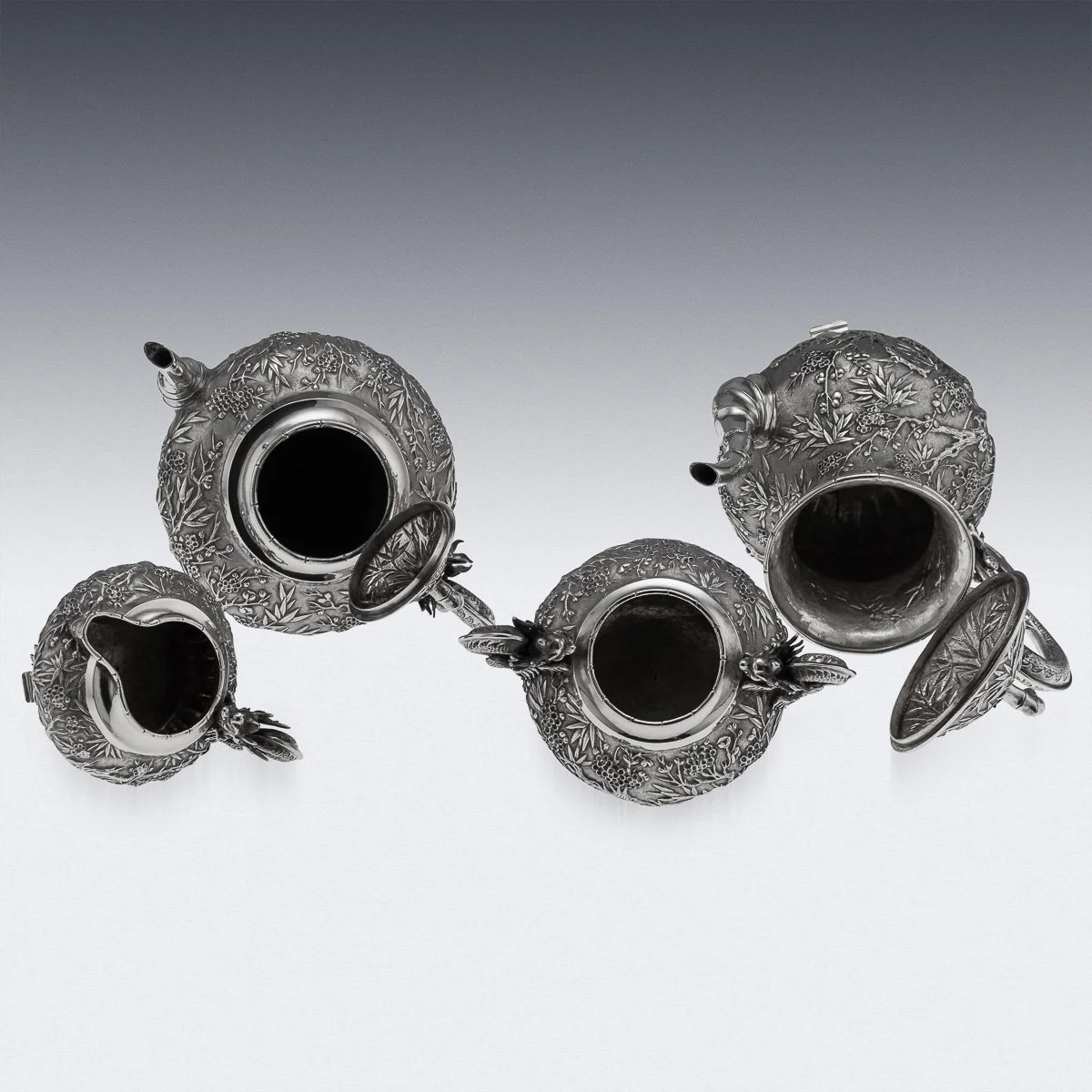 PUSHKINS.COM - A00130 - ANTIQUE 19thC CHINESE EXPORT SOLID SILVER FOUR PIECE TEA SET, WANG HING c.1880 - 09.jpg