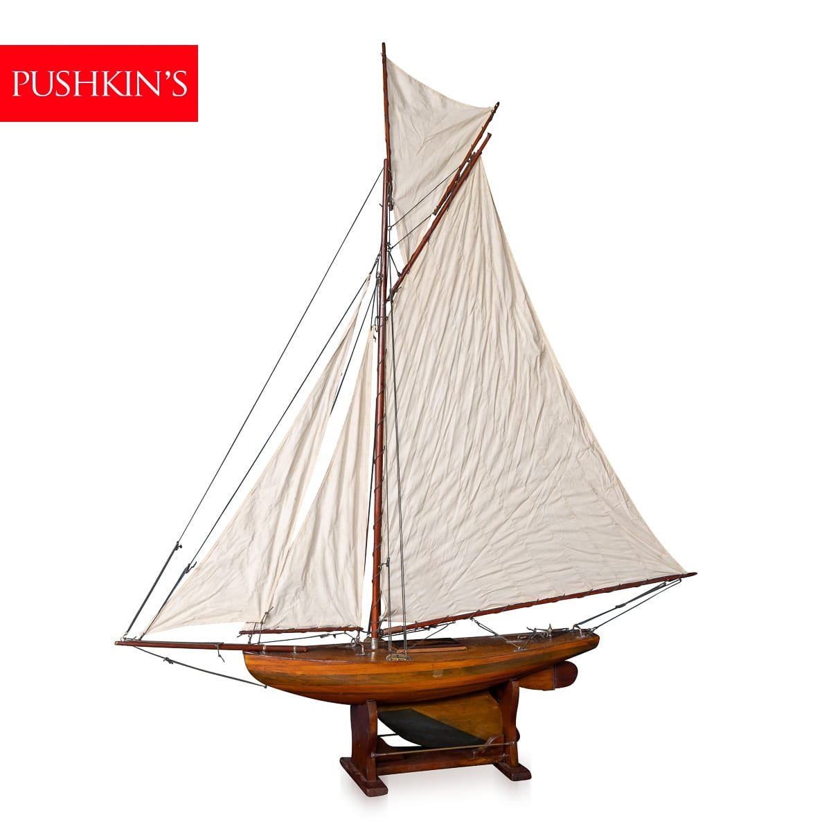 PUSHKINS.COM - B12035 - VINTAGE 20thC ENGLISH CARVED HULL POND YACHT c.1930 - 02.jpg