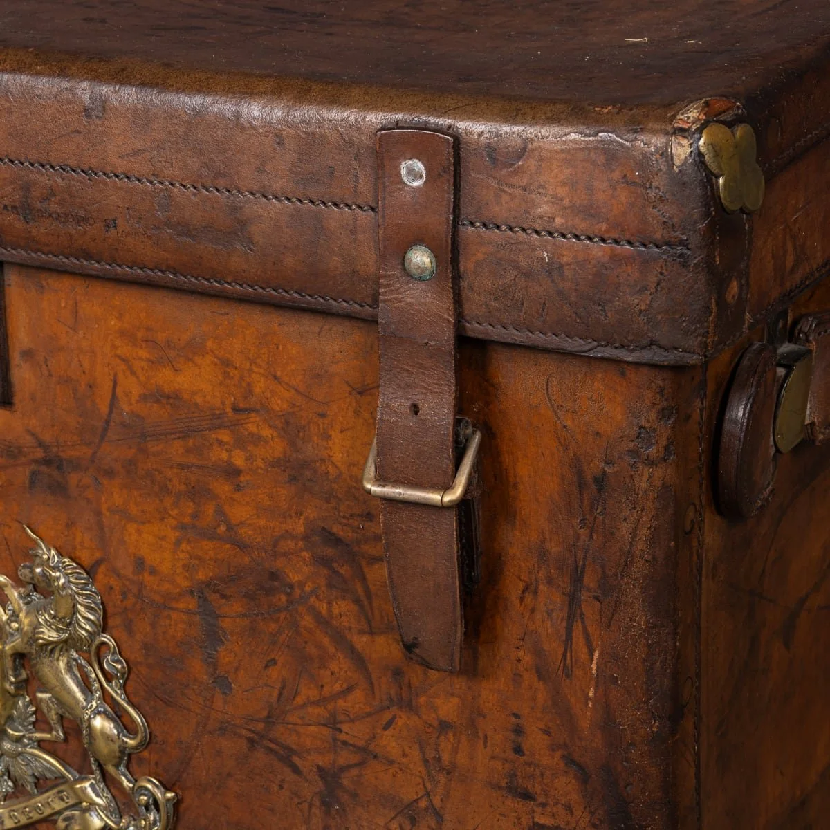 PUSHKIN'S - ANTIQUE 19thC VICTORIAN LEATHER TRUNK WITH BRASS CREST c.1890 - 18.jpg