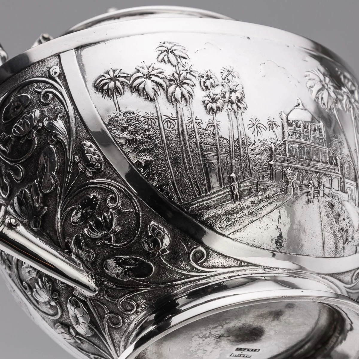 PUSHKINS.COM - A11065 - ANTIQUE 19thC INDIAN STYLE THREE PIECE SOLID SILVER TEA SET, REED & BARTON c1900 - 13.jpg