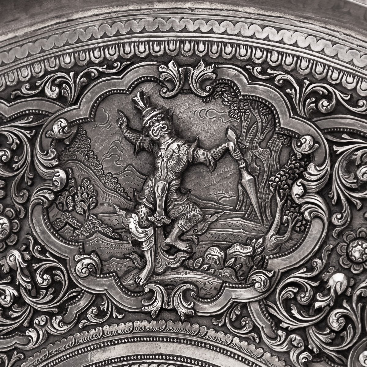 PUSHKINS.COM - A00021 - ANTIQUE 20thC BURMESE SOLID SILVER MYTHOLOGICAL ZODIAC REPOUSSÉ SALVER c.1900 - 10.jpg