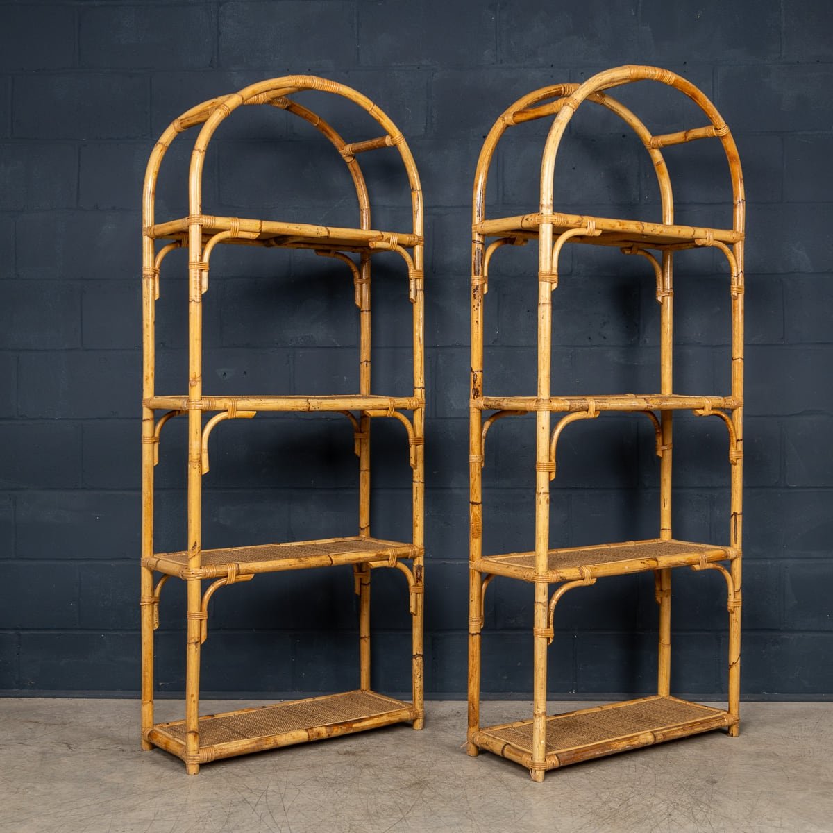 PUSHKIN'S - 20thC PAIR OF ITALIAN BAMBOO & RATTAN FREESTANDING SHELVES c.1970 - 6.jpg