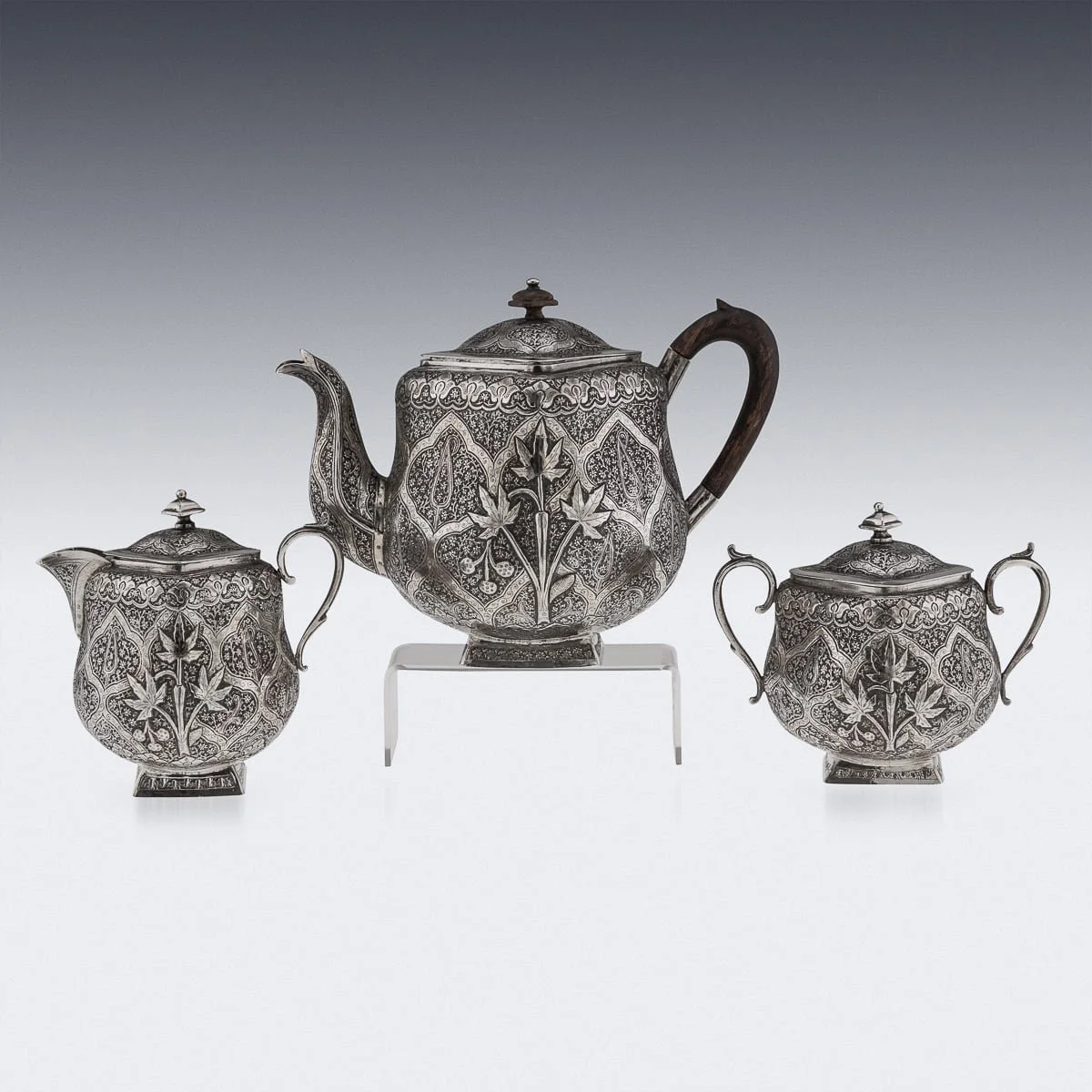 PUSHKINS.COM - ANTIQUE 20thC INDIAN SOLID SILVER THREE PIECE TEA SERVICE ON TRAY, KASHMIR c1900 - 5.jpg