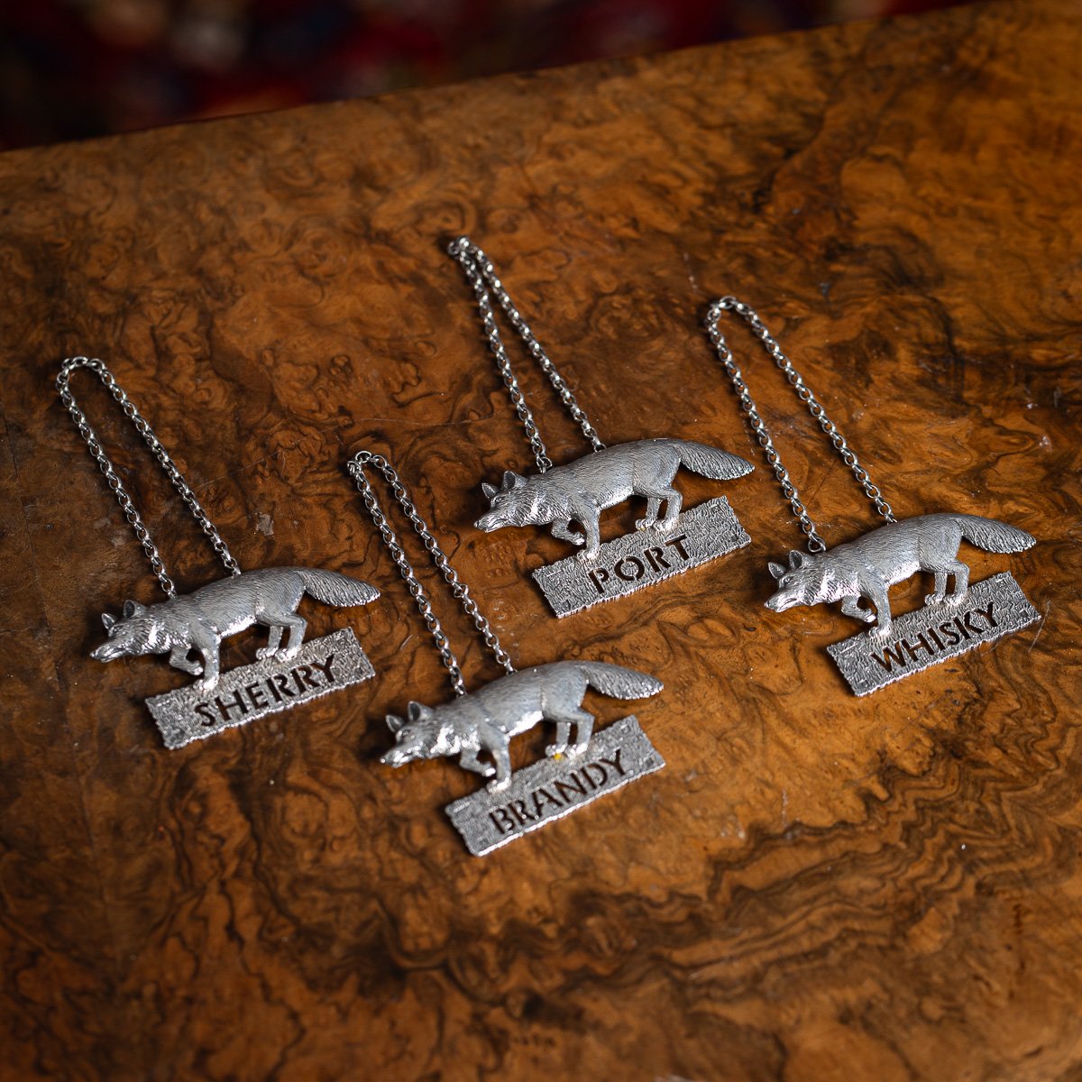 PUSHKINS.COM - J11381 - 20thC ENGLISH SOLID SILVER SET OF FOUR DECANTER LABELS, MAPPIN & WEBB c.1976 - 02.jpg