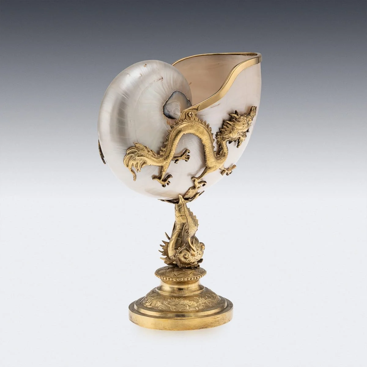 PUSHKINS.COM - J11904 - ANTIQUE 19thC CHINESE GILT SOLID SILVER MOUNTED NAUTILUS SHELL CENTREPIECE - 06.jpg