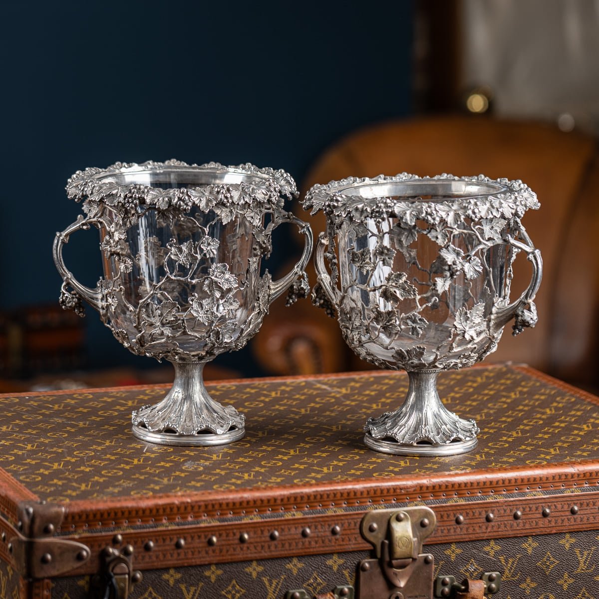 PUSHKINS.COM - MID 20thC PAIR OF SOLID SILVER WINE COOLERS WITH GLASS INSERTS - 2.jpg