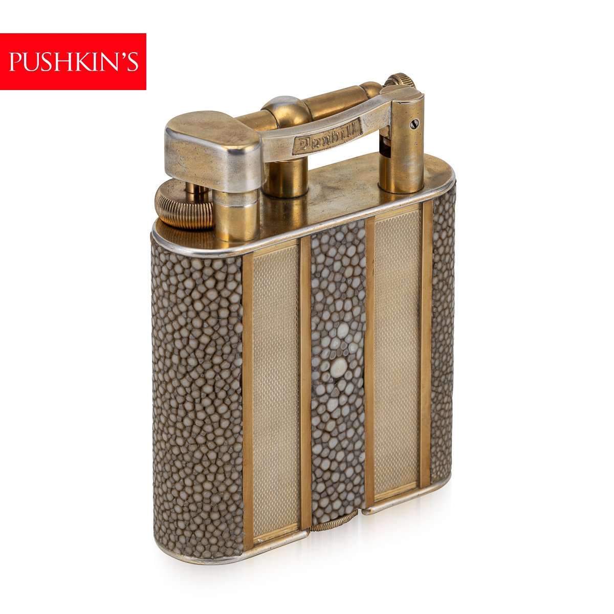 PUSHKINS.COM - D11365 - 20thC SHAGREEN & GOLD ENGINE TURNED PANELLED DUNHILL TABLE LIGHTER c.1950 - 02.jpg