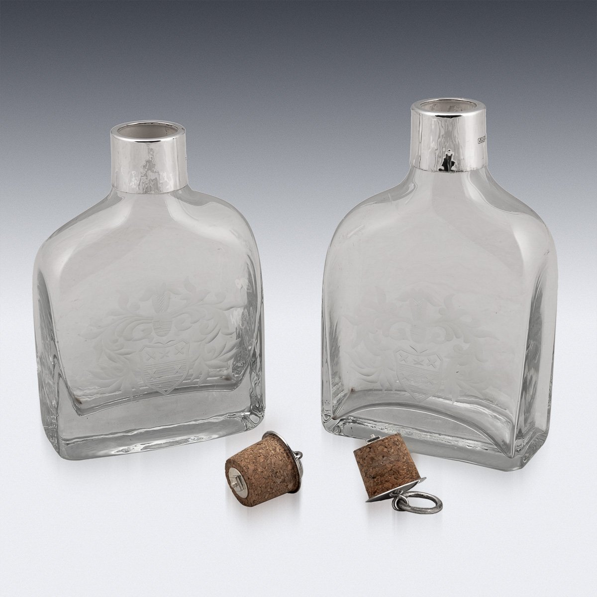 PUSHKIN'S - 21stC ENGLISH SOLID SILVER MOUNTED GLASS DECANTERS WITH HERALDIC ENGRAVING c.2007 - 4.jpg