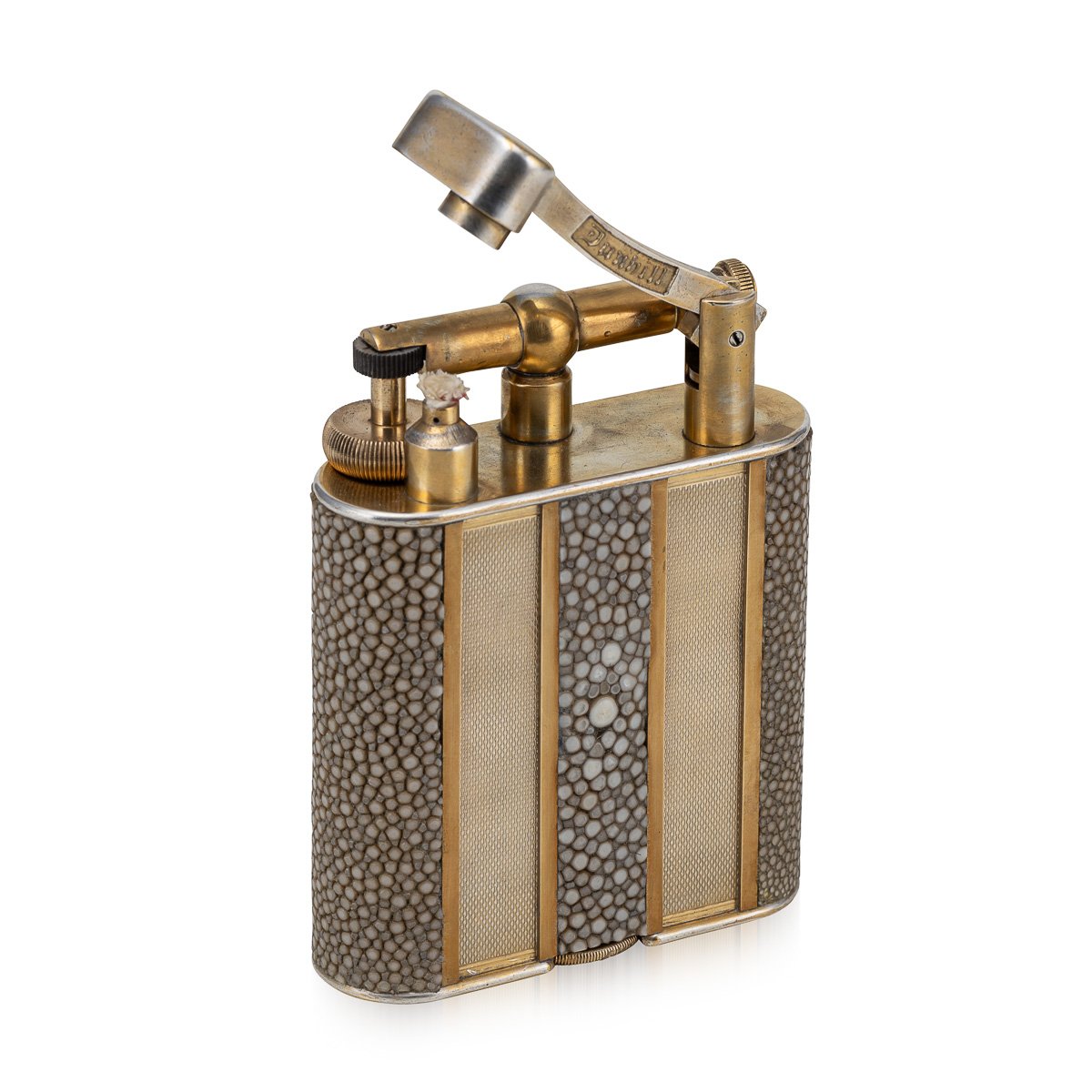 PUSHKINS.COM - D11365 - 20thC SHAGREEN & GOLD ENGINE TURNED PANELLED DUNHILL TABLE LIGHTER c.1950 - 08.jpg