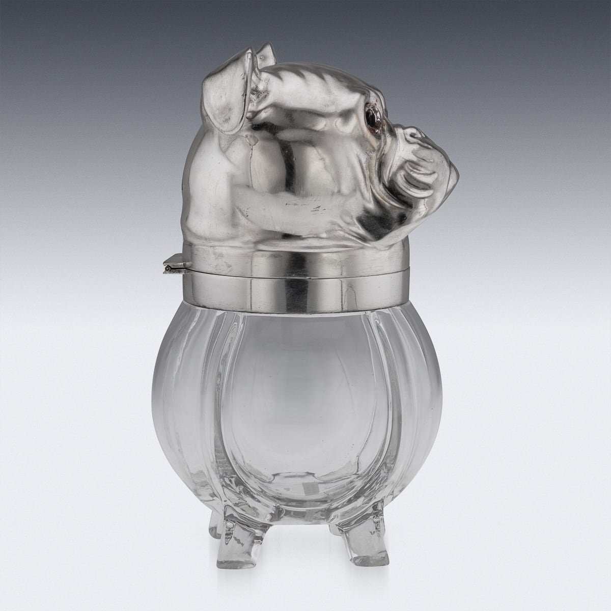 PUSHKIN'S - ANTIQUE 20thC BRITISH NOVELTY GLASS & SILVER PLATED BULLDOG SHAPED JAR c.1920 - 6.jpg
