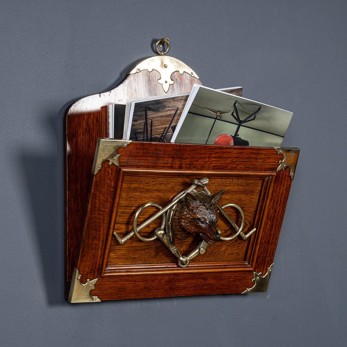 PUSHKINS.COM - D11135 - ANTIQUE 19thC VICTORIAN NEWSPAPER RACK WITH FOX HEAD & BRASS DETAIL c.1890 - 04.jpg