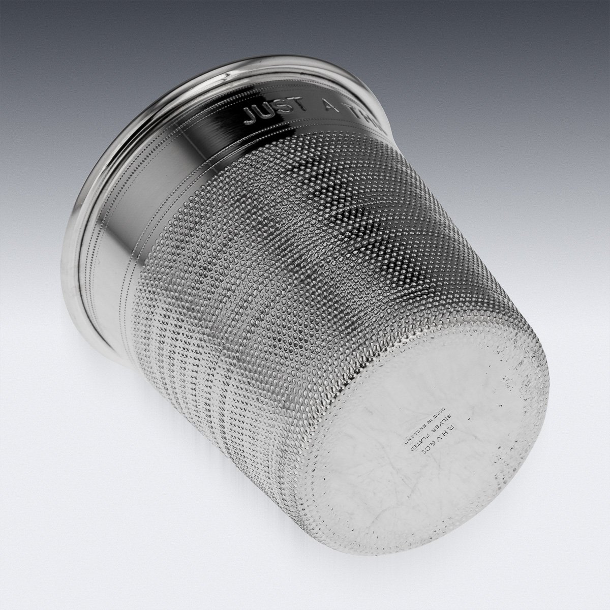 PUSHKINS.COM - A8855 - PAIR OF MID 20thC ENGLISH SILVER PLATED 'JUST A THIMBLEFUL' BEAKERS c.1950 - 08.jpg
