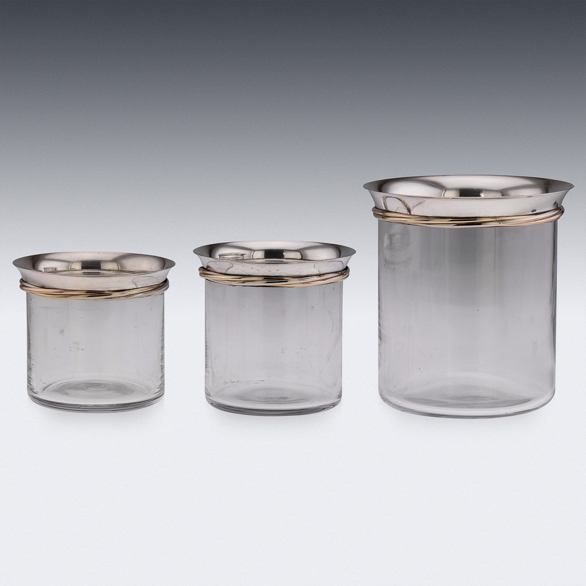 PUSHKINS.COM - J9796 - 20thC FRENCH SILVER MOUNTED GLASS ICE BUCKETS & CHAMPAGNE COOLER BY CARTIER - 05.jpg