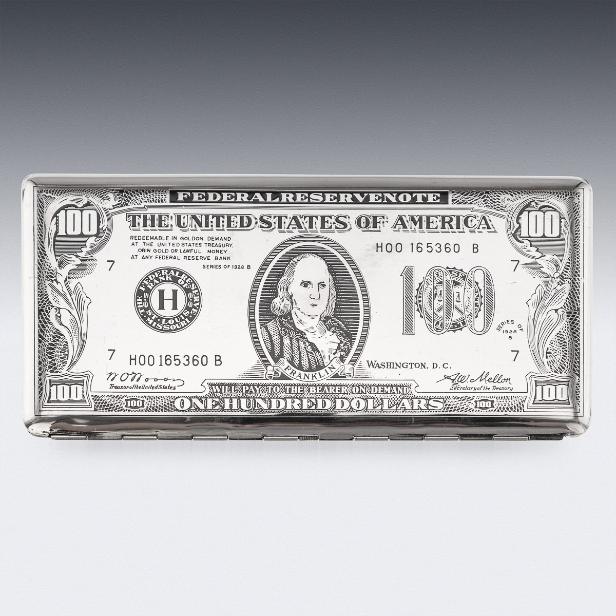 PUSHKINS.COM - J11197 - 20thC AMERICAN SILVER-PLATED CIGARETTE CASE & LIGHTER SHAPED AS A HUNDRED DOLLAR BILL - 05.jpg