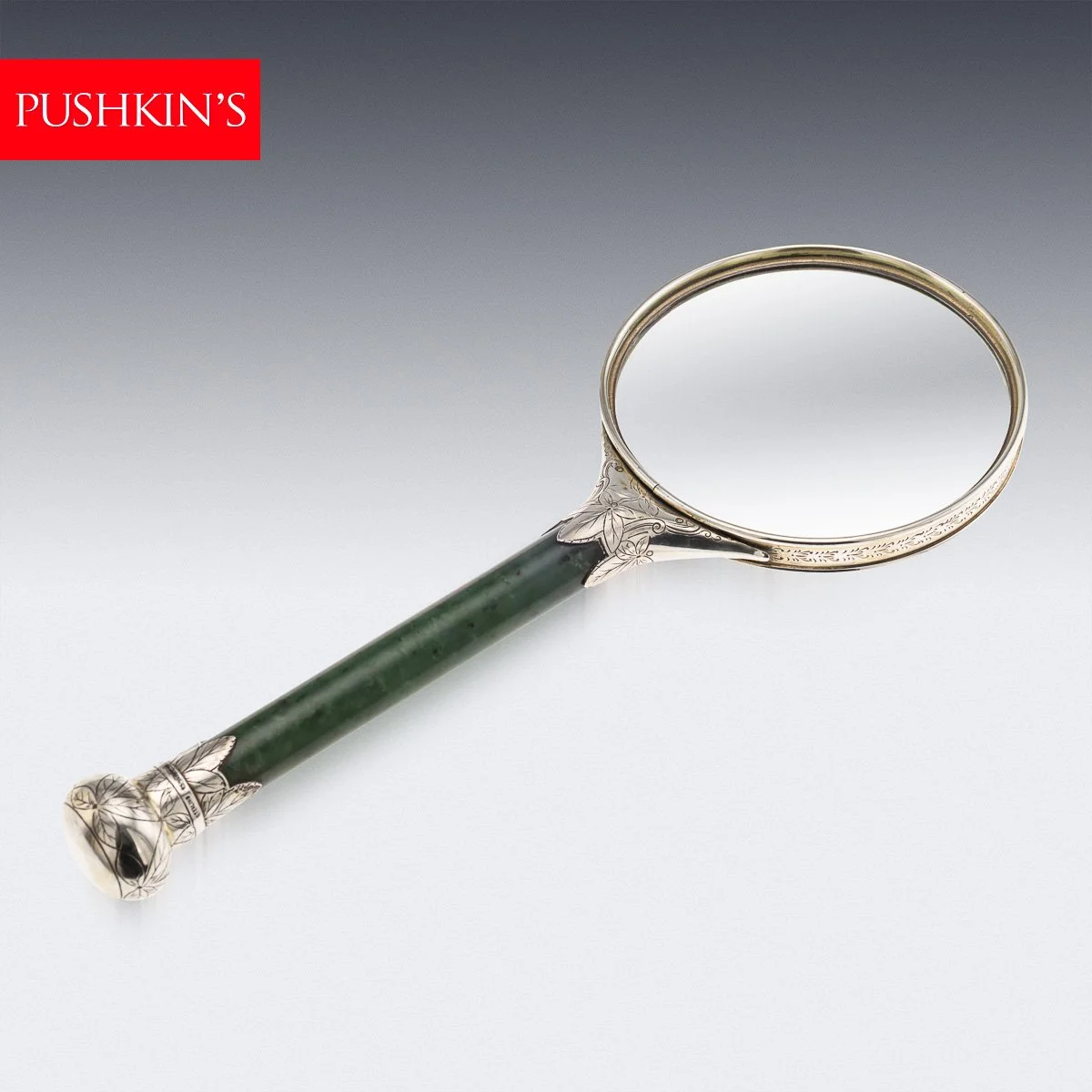 PUSHKINS.COM - A00127 - ANTIQUE 19thC ORIENTAL STYLE SOLID SILVER & SPINACH JADE MAGNIFYING GLASS c.1880 - 02.jpg