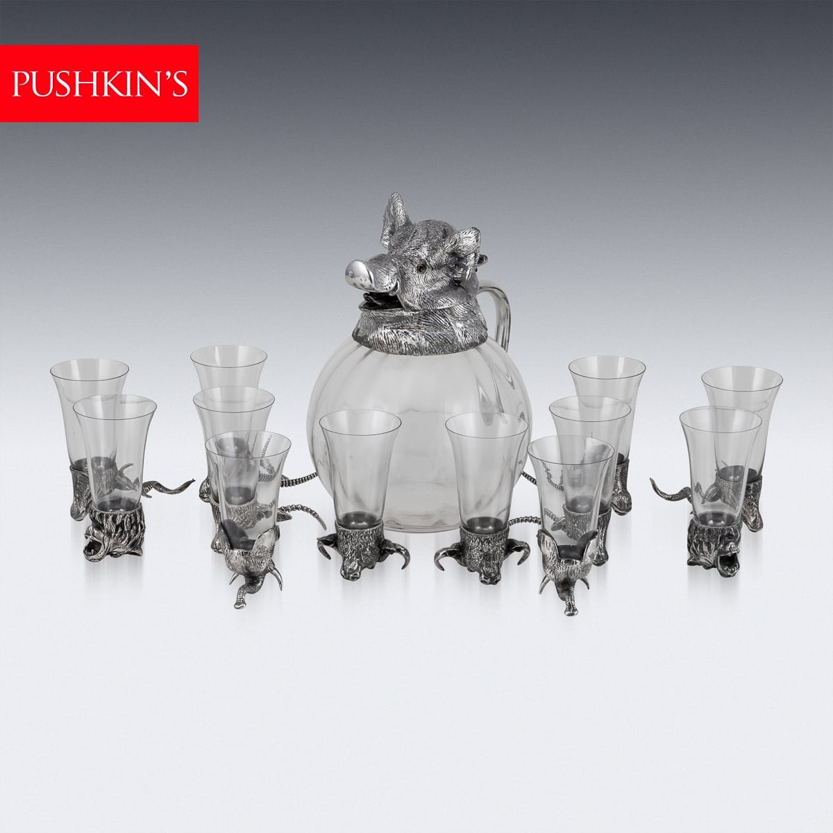 PUSHKIN'S - MID 20thC SILVER PLATE BOAR HEAD & GLASS JUG WITH CUPS BY VALENTI c.1970 - 1.jpg