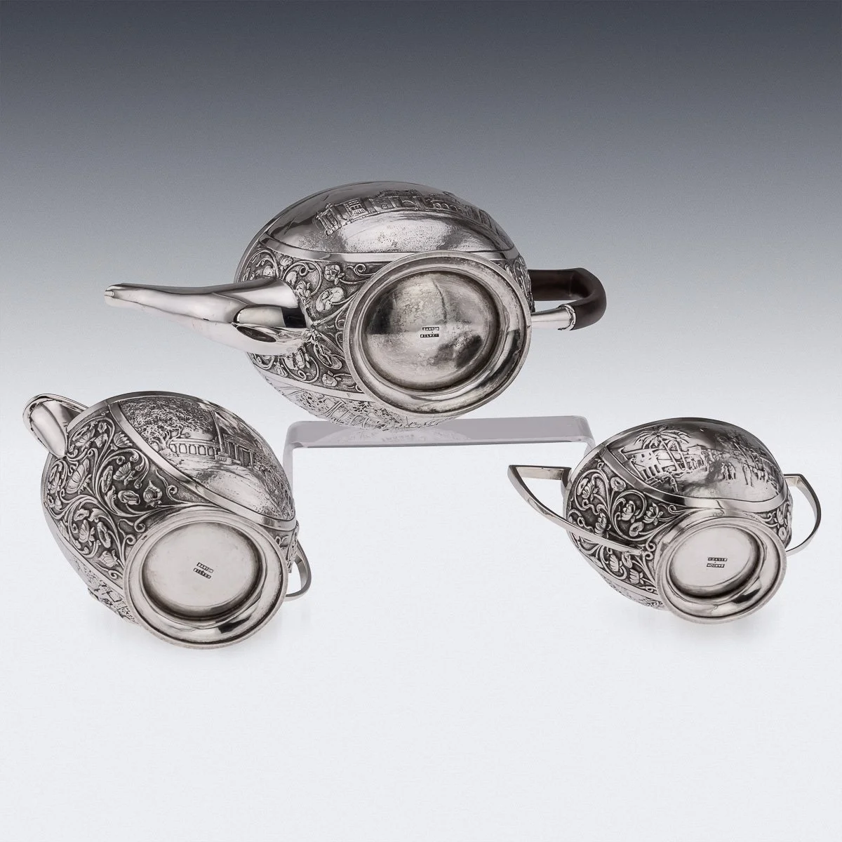 PUSHKINS.COM - A11065 - ANTIQUE 19thC INDIAN STYLE THREE PIECE SOLID SILVER TEA SET, REED & BARTON c1900 - 07.jpg