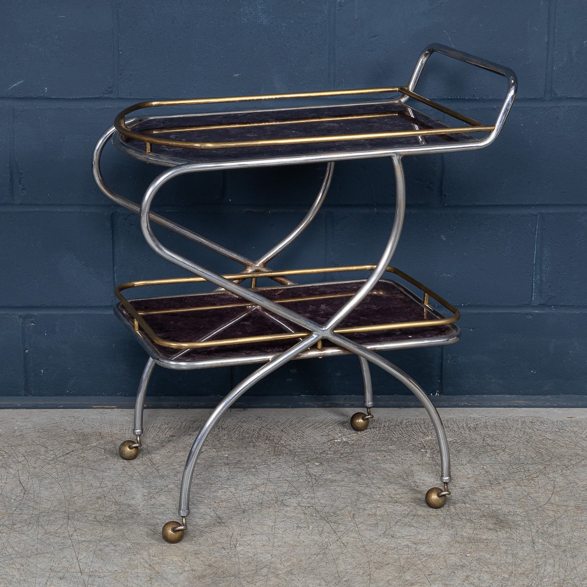 PUSHKINS.COM - B11305 - VINTAGE 20thC ITALIAN STEEL & GLASS DRINKS TROLLEY WITH MARBLE EFFECT c.1980 - 03.jpg