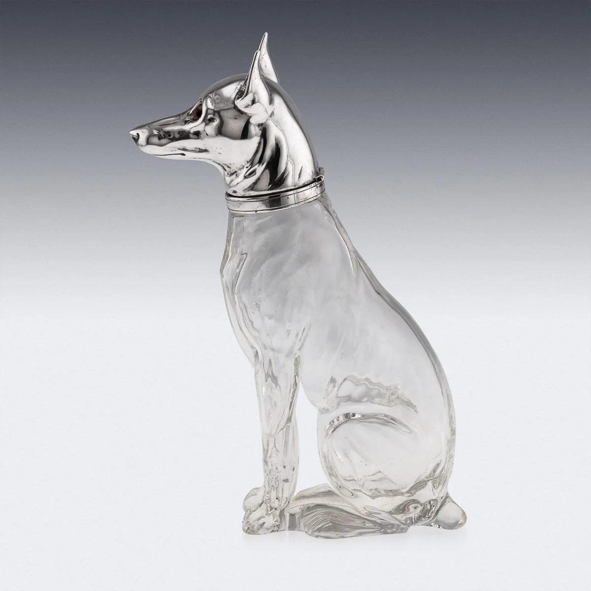 PUSHKINS.COM - J11491 - 20thC CONTINENTAL SILVER PLATE & CLEAR GLASS NOVELTY 'PINSCHER' DRINKS DECANTER - 04.jpg