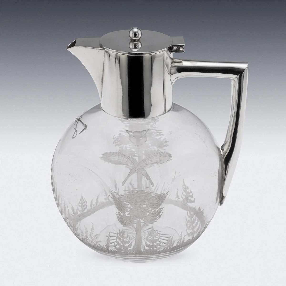 PUSHKINS.COM - D11663 - ANTIQUE 19thC ENGLISH SOLID SILVER & ETCHED GLASS CLARET JUG, BIRMINGHAM c.1897 - 15.jpg