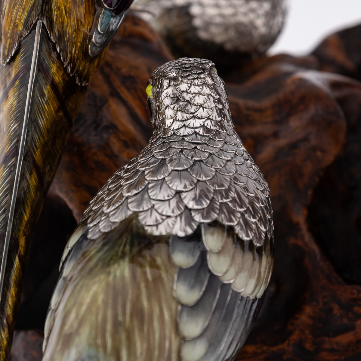 PUSHKIN'S - ANTIQUE 19thC JAPANESE SOLID SILVER & ENAMEL MODELS OF PHEASANTS ON STAND c.1890 - 45.jpg