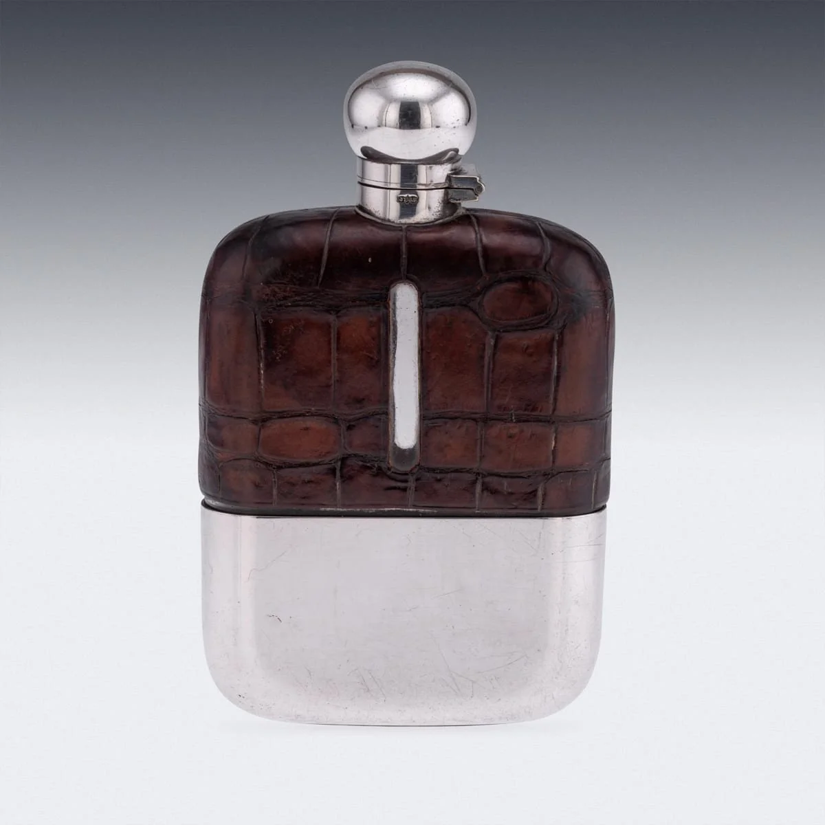 PUSHKINS.COM - B12236 - 20thC SILVER PLATE & CROCODILE LEATHER HIP FLASK BY JAMES DIXON & SON c.1900 - 04.jpg